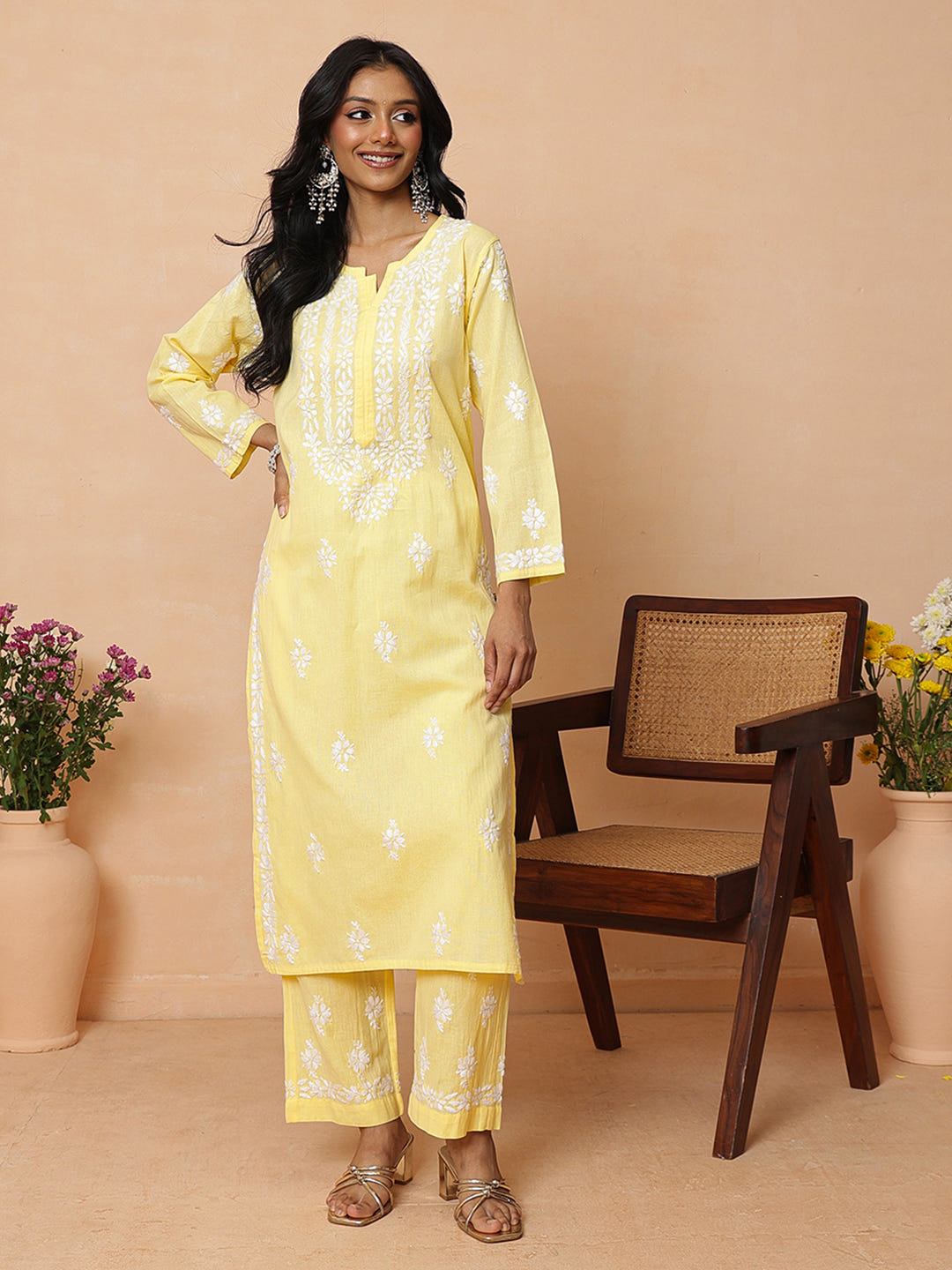 Ada Hand Embroidered Yellow Linen Lucknowi Chikankari Co-Ord Set A811388