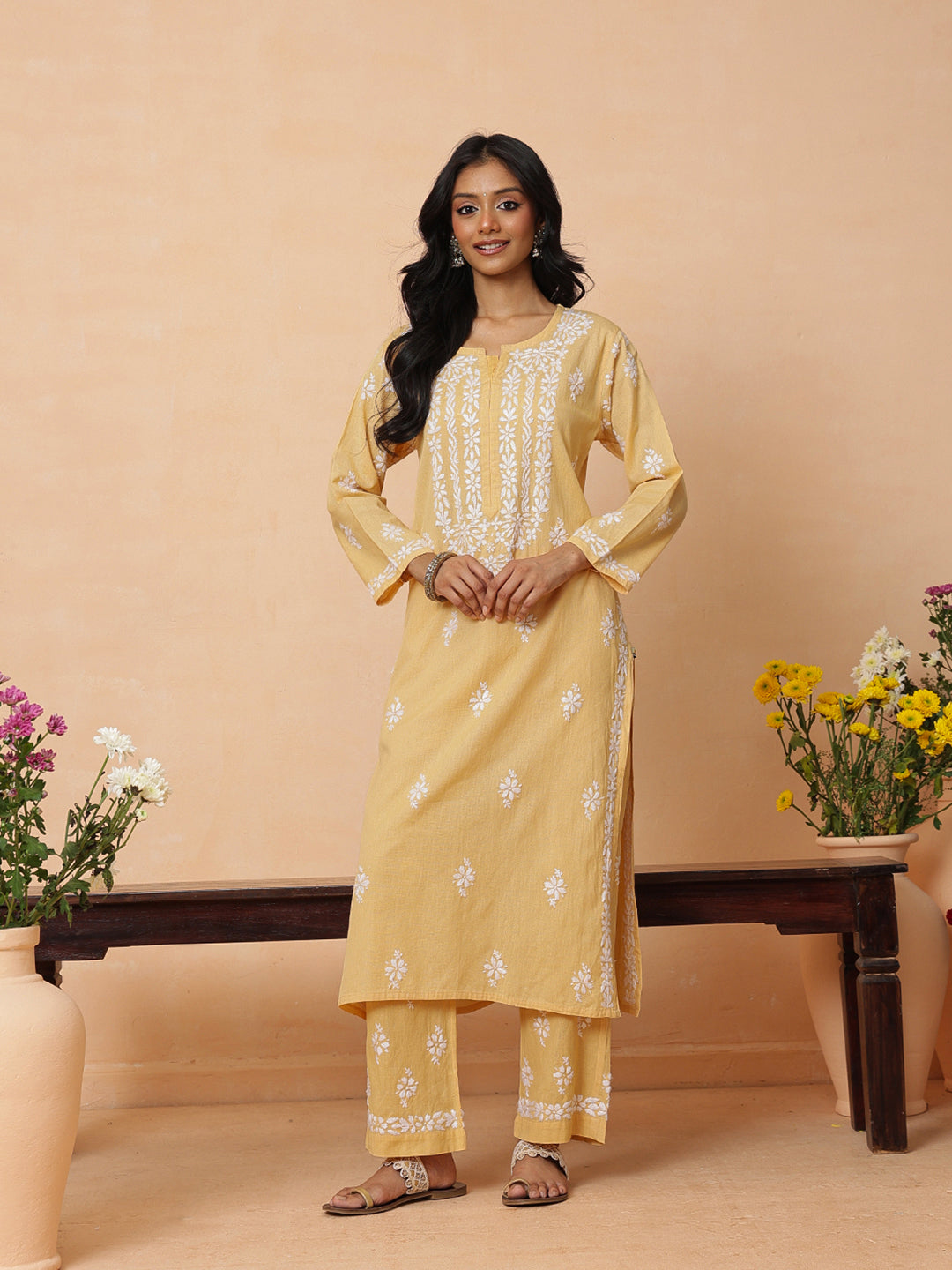 Ada Hand Embroidered Fawn Linen Lucknowi Chikankari Co-Ord Set A811386