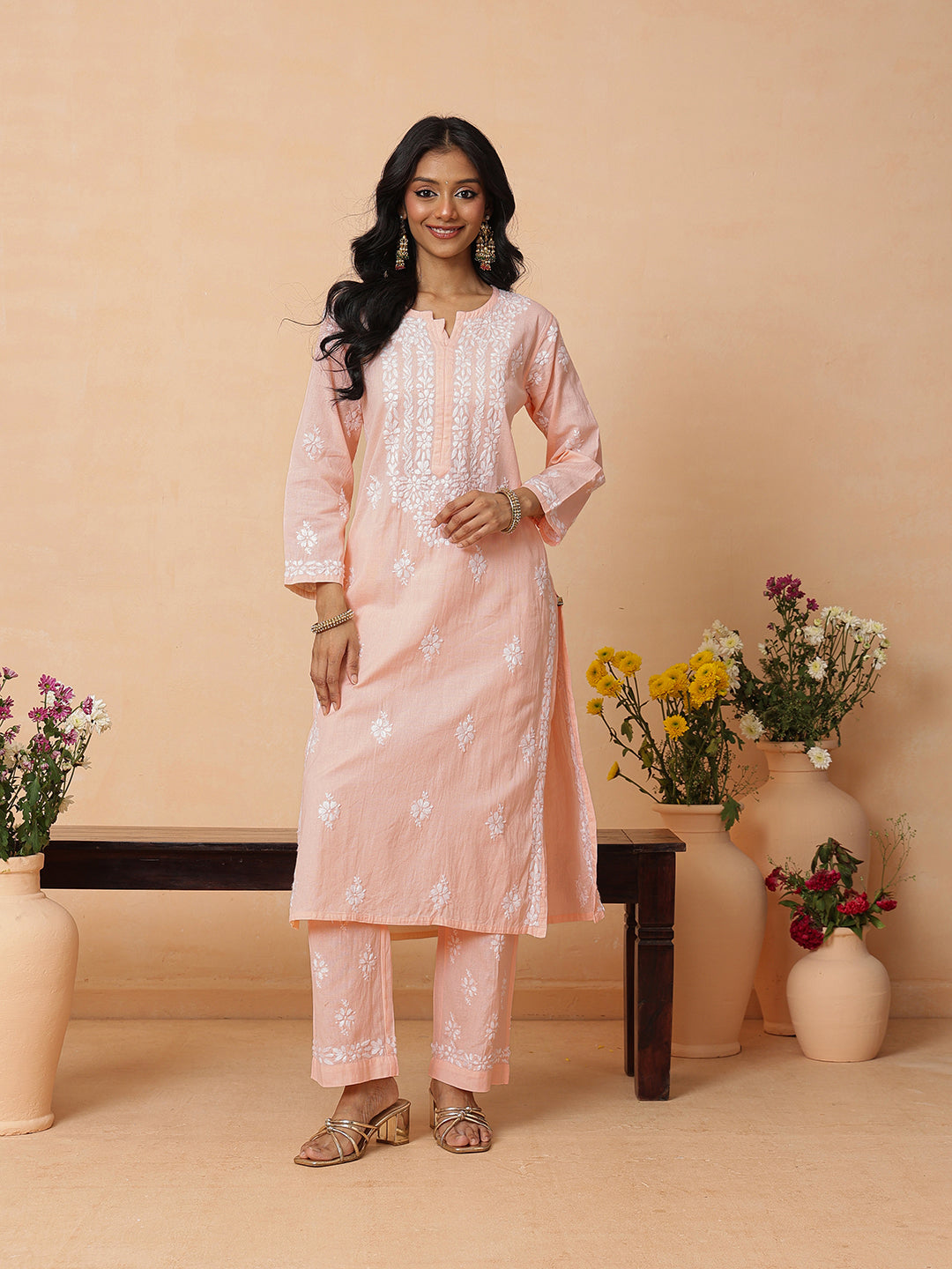 Ada Hand Embroidered Peach Linen Lucknowi Chikankari Co-Ord Set A811387