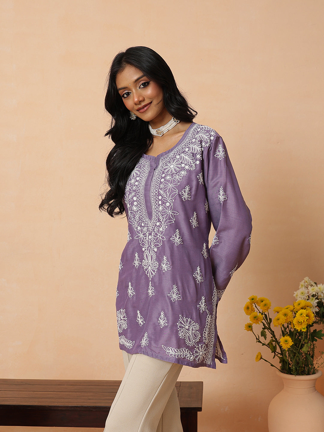 Ada Hand Embroidered Mauve Muslin Lucknowi Chikankari Short Kurti A911587