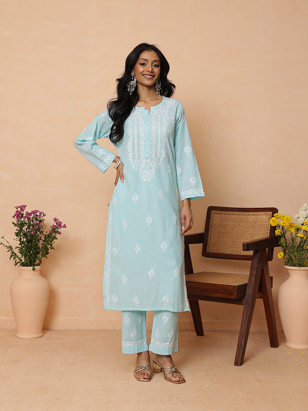 Ada Hand Embroidered Blue Linen Lucknowi Chikankari Co-Ord Set A811385