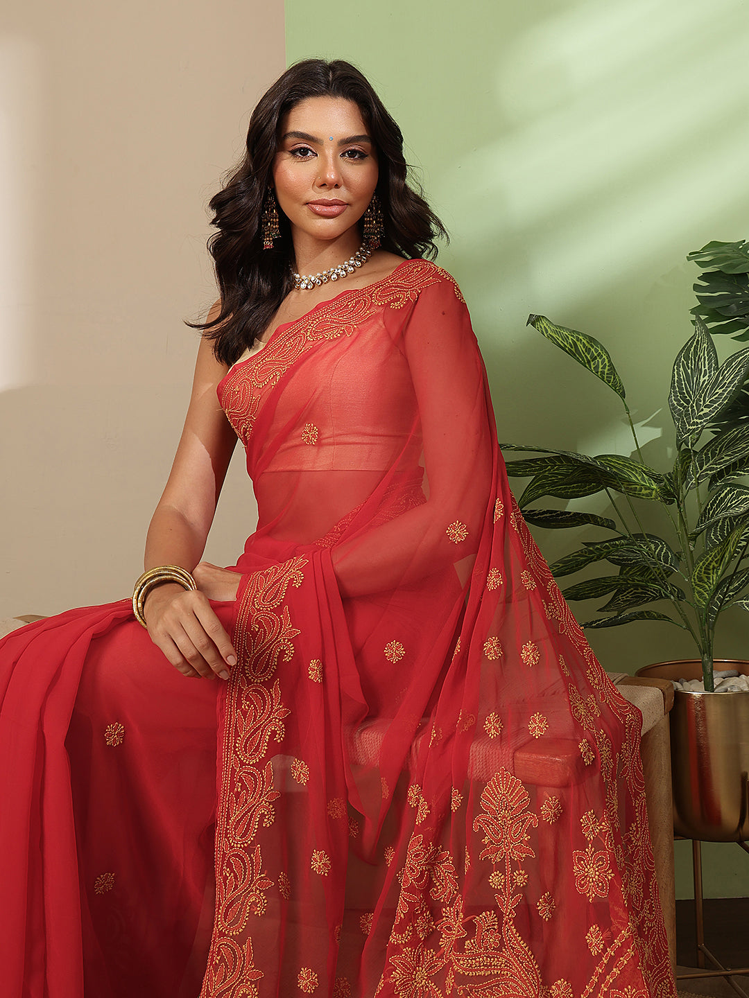 Ada Hand Embroidered Red Georgette Lucknowi Chikankari Saree With Blouse A311193