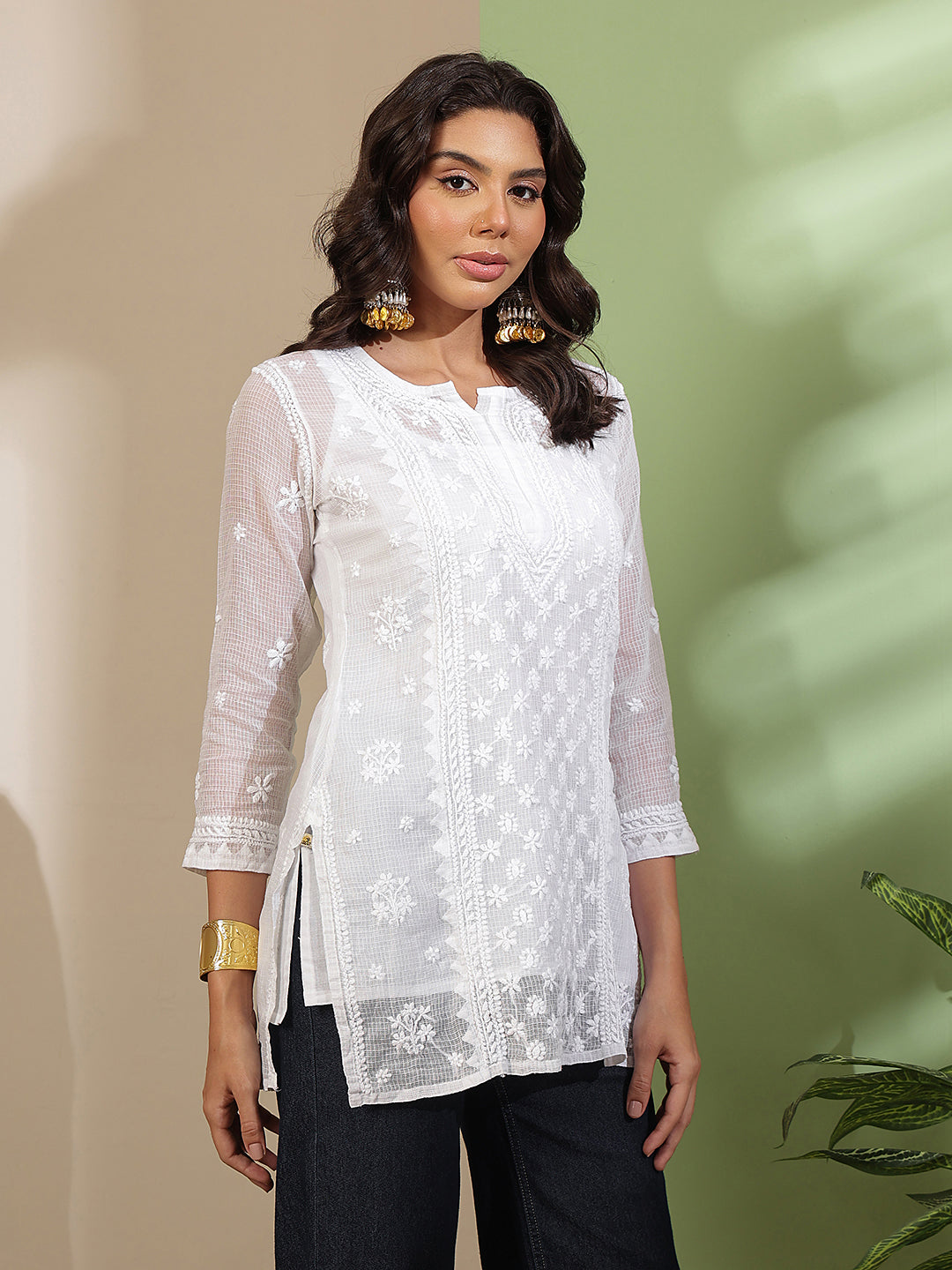 Ada Hand Embroidered White Kota Lucknow Chikankari Short Kurti With Slip A911566