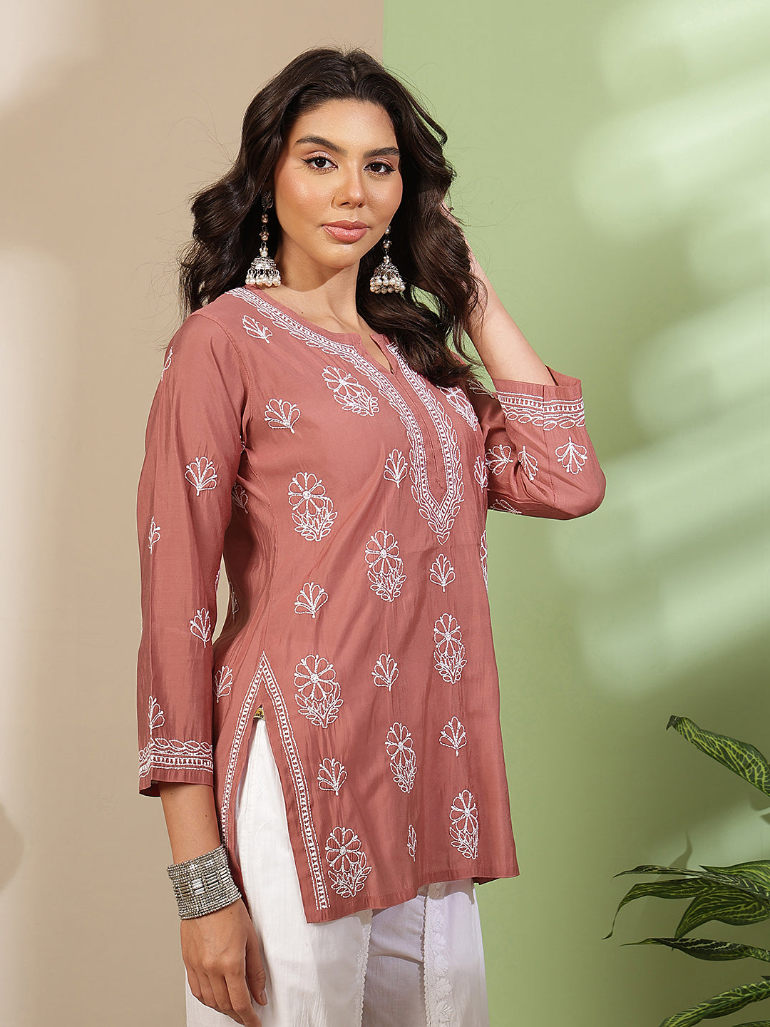 Ada Hand Embroidered Dusty Pink Chanderi Silk Lucknowi Chikankari Short Kurti A911565