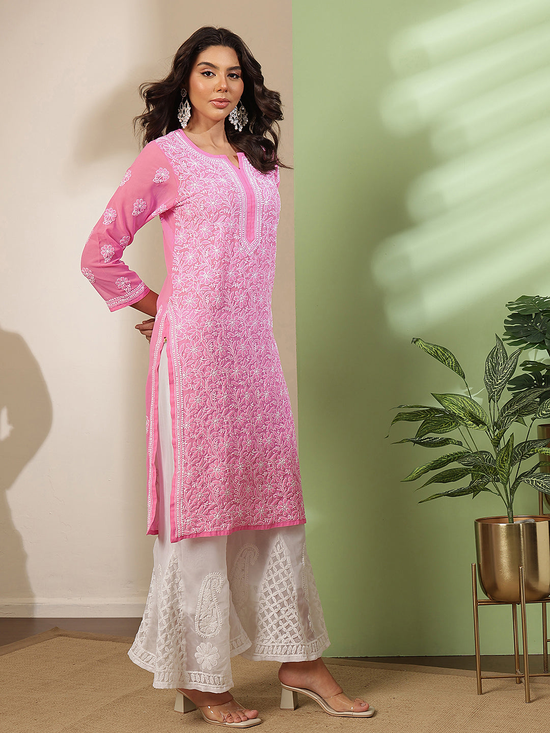 Ada Hand Embroidered Pink Georgette Lucknowi Chikankari Straight Kurta A411221