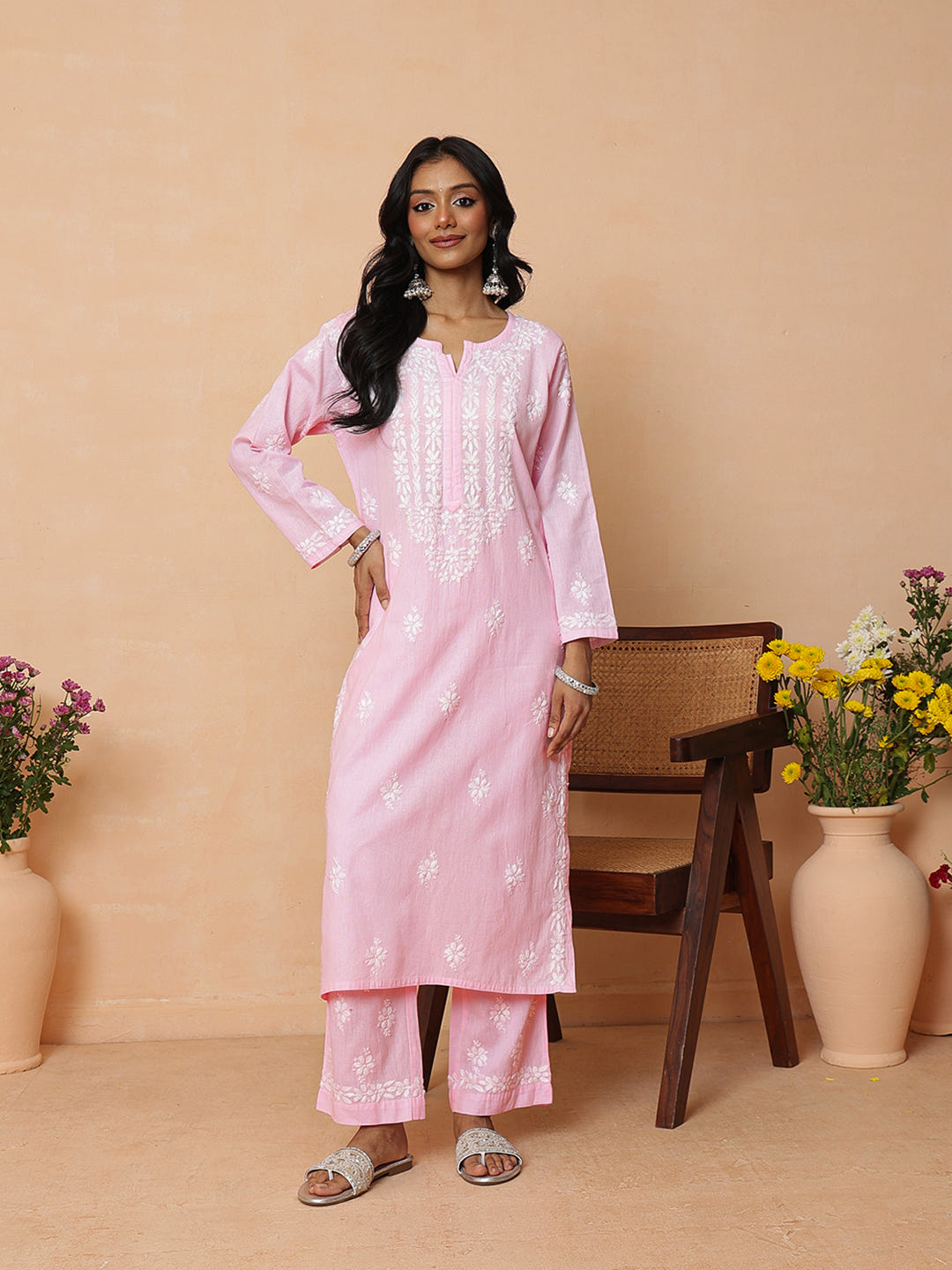 Ada Hand Embroidered Pink Linen Lucknowi Chikankari Co-Ord Set A811389