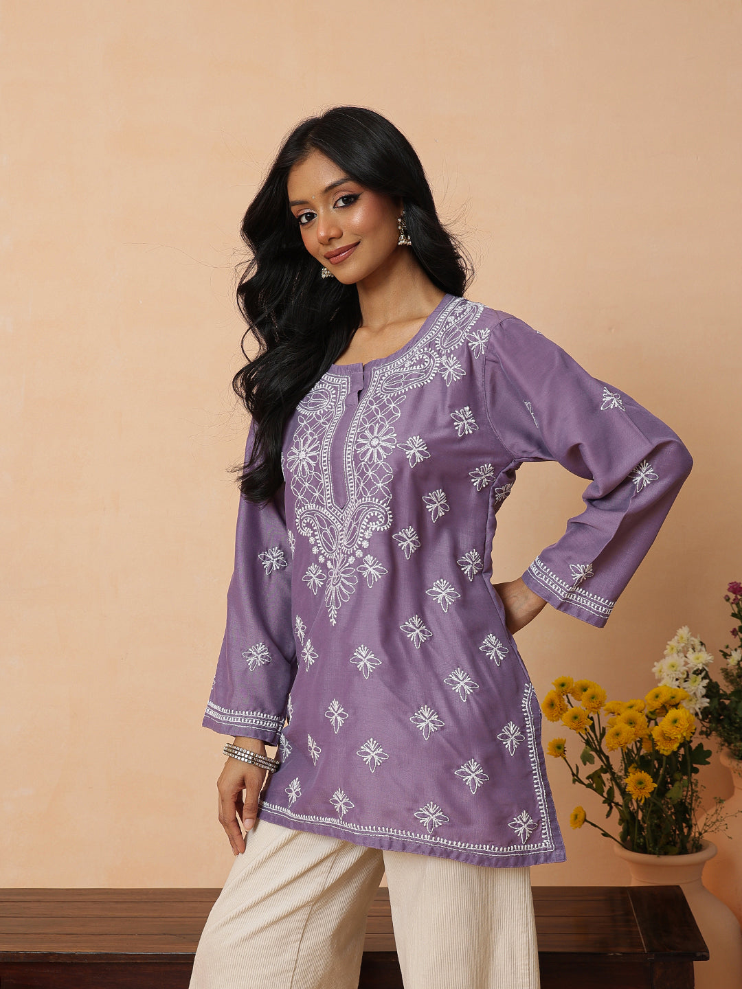 Ada Hand Embroidered Mauve Muslin Lucknowi Chikankari Short Kurti A911580