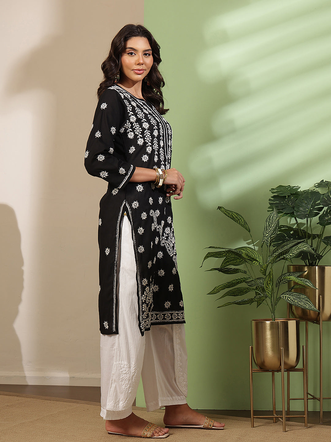 Ada Hand Embroidered Black Cotton Lucknow Chikankari Straight Kurta A130717