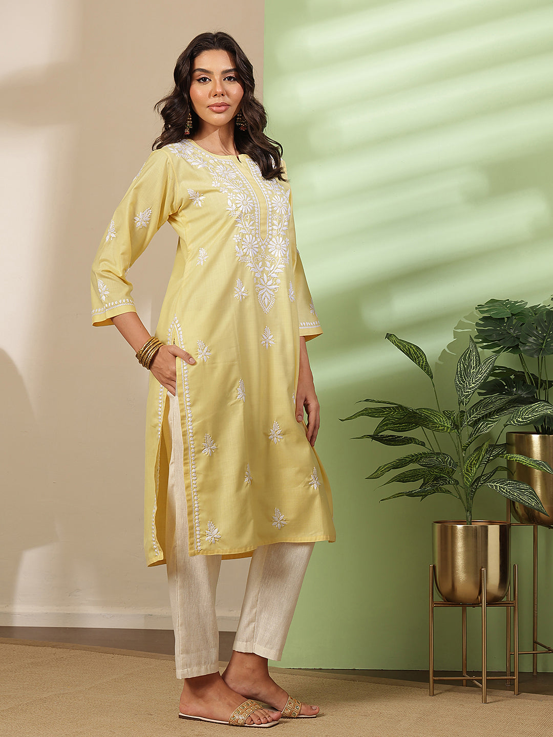 Ada Hand Embroidered Yellow Cotton Lucknow Chikankari Kurta A411814