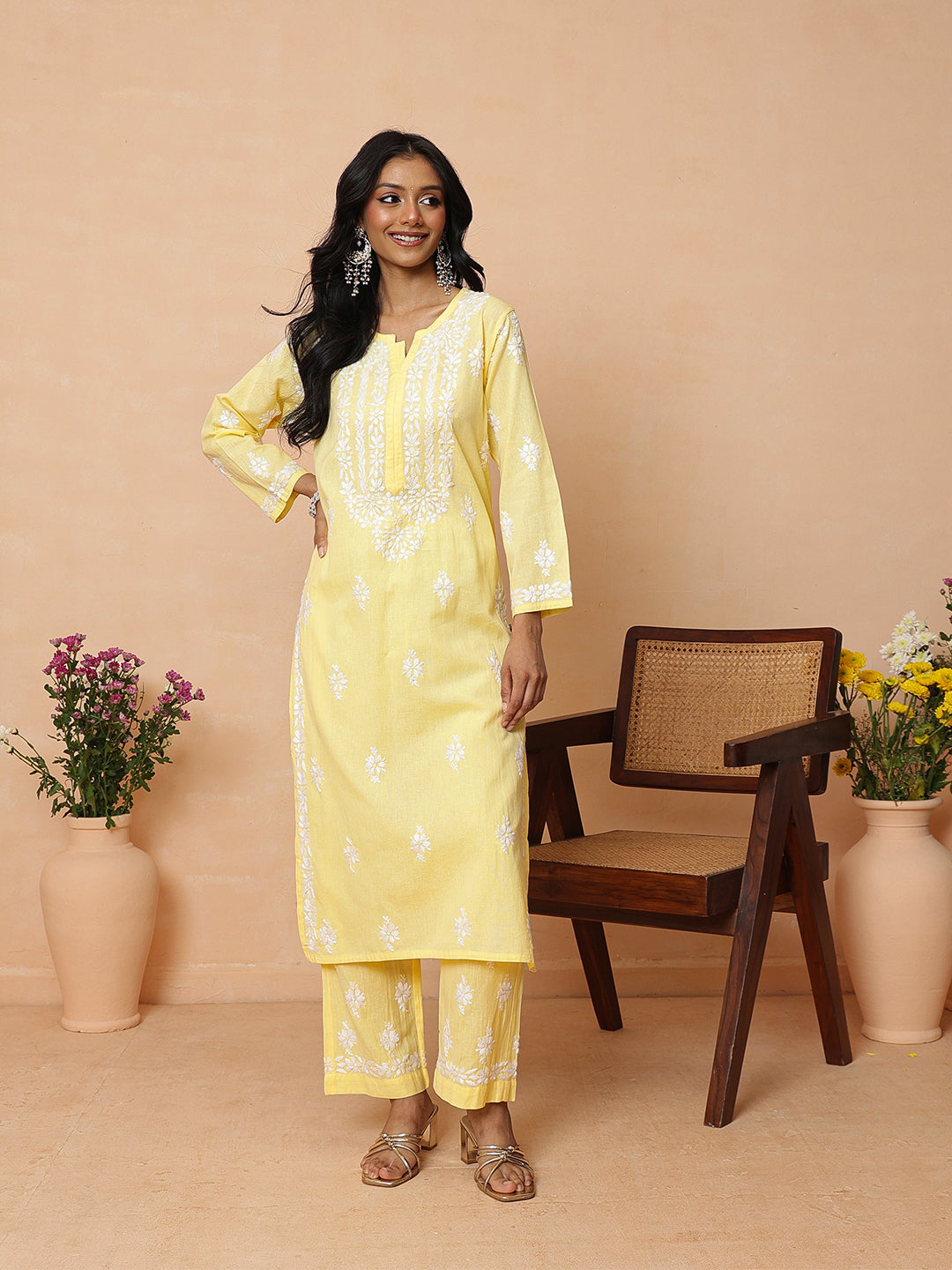 Ada Hand Embroidered Yellow Linen Lucknowi Chikankari Co-Ord Set A811388