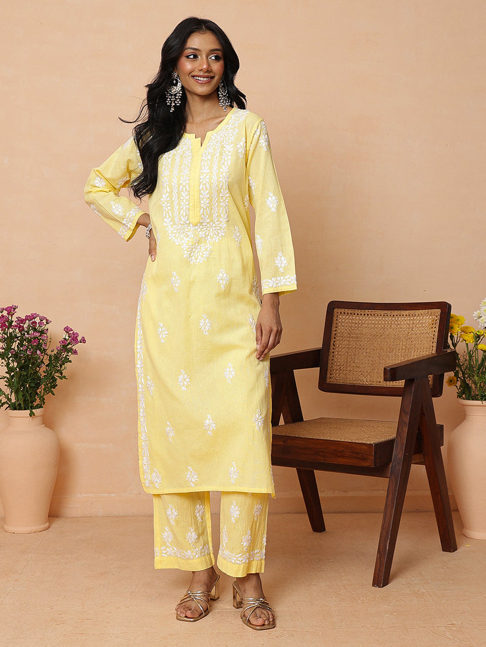 Ada Hand Embroidered Yellow Linen Lucknowi Chikankari Co-Ord Set A811388