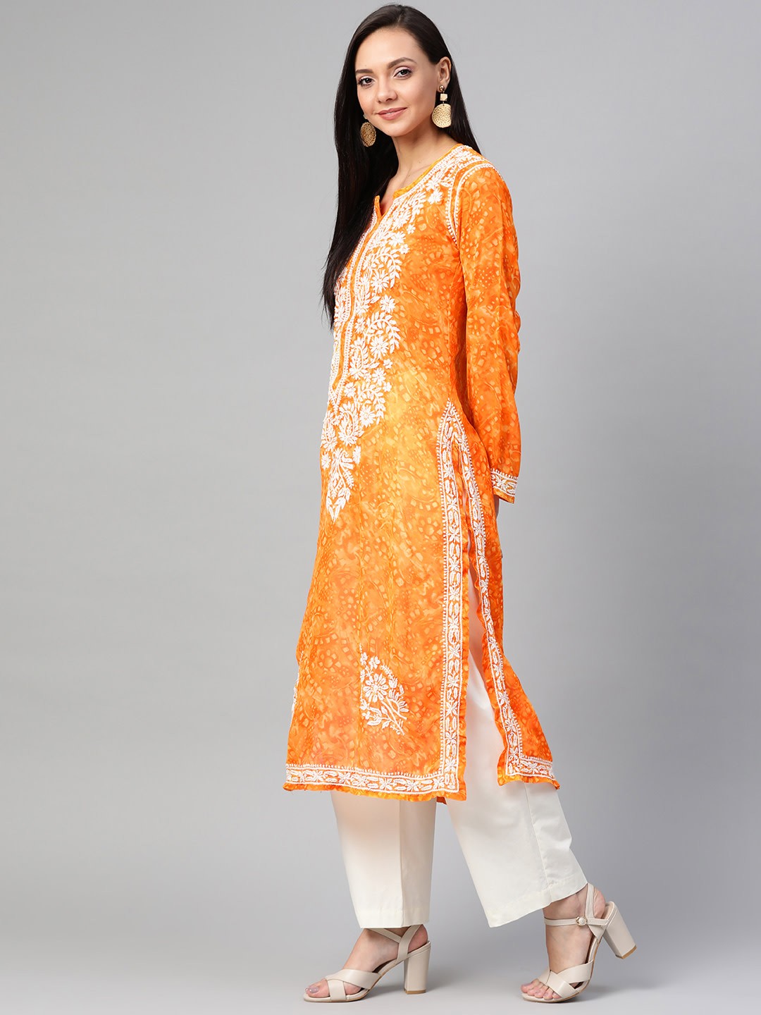 Ada Hand Embroidered Orange Faux Georgette Lucknow Chikankari Kurta- A100463