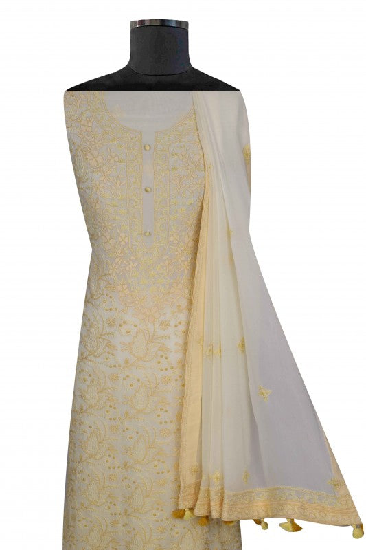 Ada Hand Embroidered Cream Georgette Lucknowi Chikan Unstitched Kurta Dupatta Set A191281