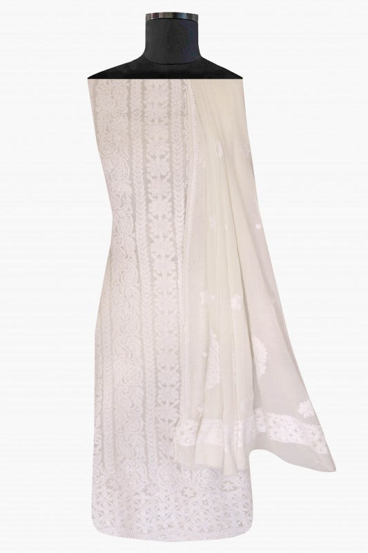 Ada Hand Embroidered White Georgette Lucknowi Chikan Unstitched Kurta Dupatta Set A621923