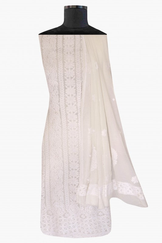 Ada Hand Embroidered White Georgette Lucknowi Chikan Unstitched Kurta Dupatta Set A621923