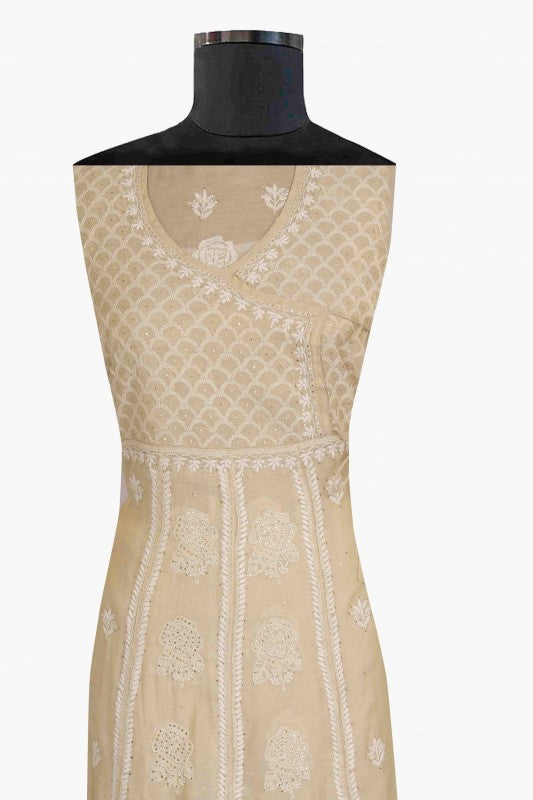 Ada Hand Embroidered Fawn Tissue Lucknowi Chikankari Semi-stitched Angarkha Style Anarkali Kurta With Muqaish Work-A595338