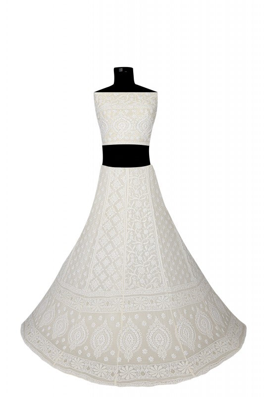 Ada Hand Embroidered White Pure Georgette Lucknowi Chikankari Lehenga Set A594297