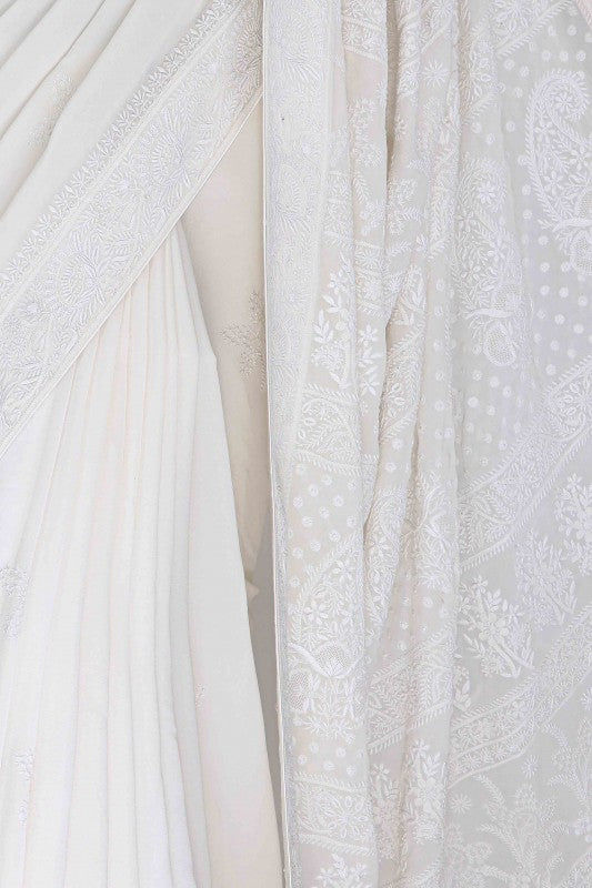 Ada Hand Embroidered White Pure Georgette Lucknow Chikankari Saree With Blouse A342801