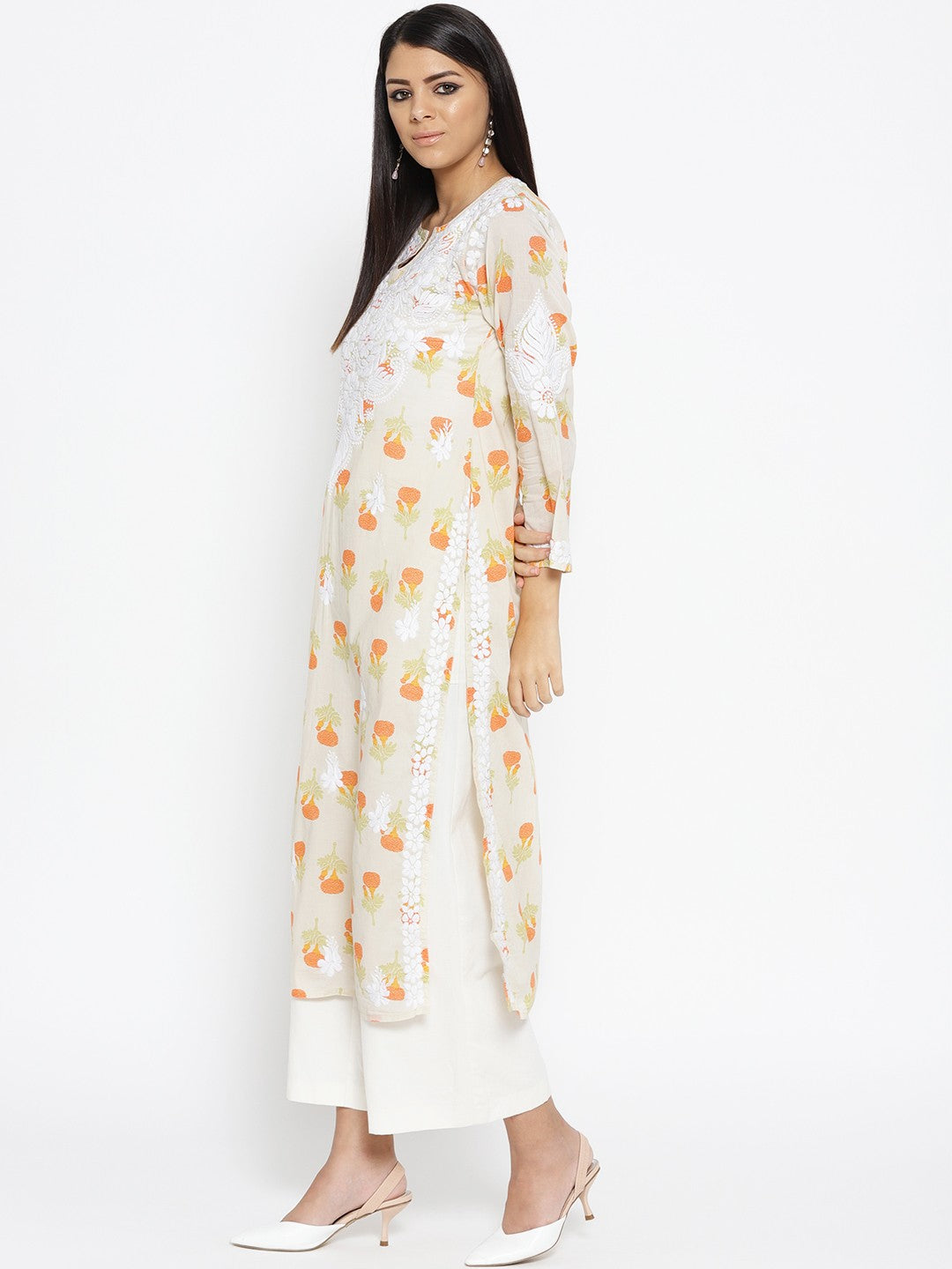 Ada Hand Embroidered Fawn Orange Cotton Lucknow Chikankari Kurta  A100025