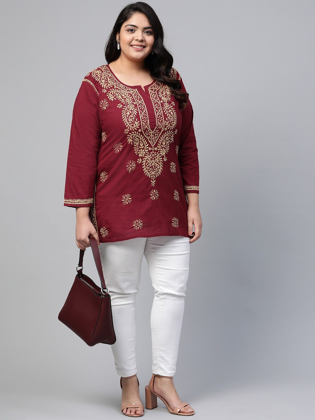 Ada Hand Embroidered Maroon Cotton Lucknowi Chikan Short Kurti A250481