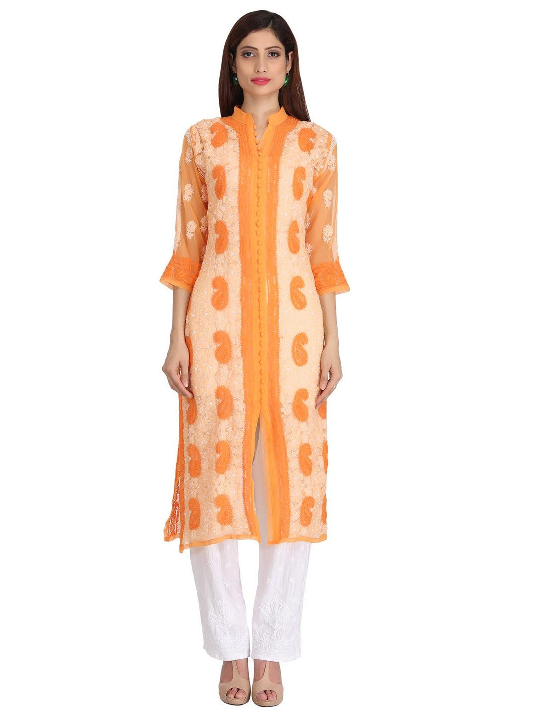 Ada Hand Embroidered Orange Georgette Lucknowi Chikankari Straight Kurta A272418