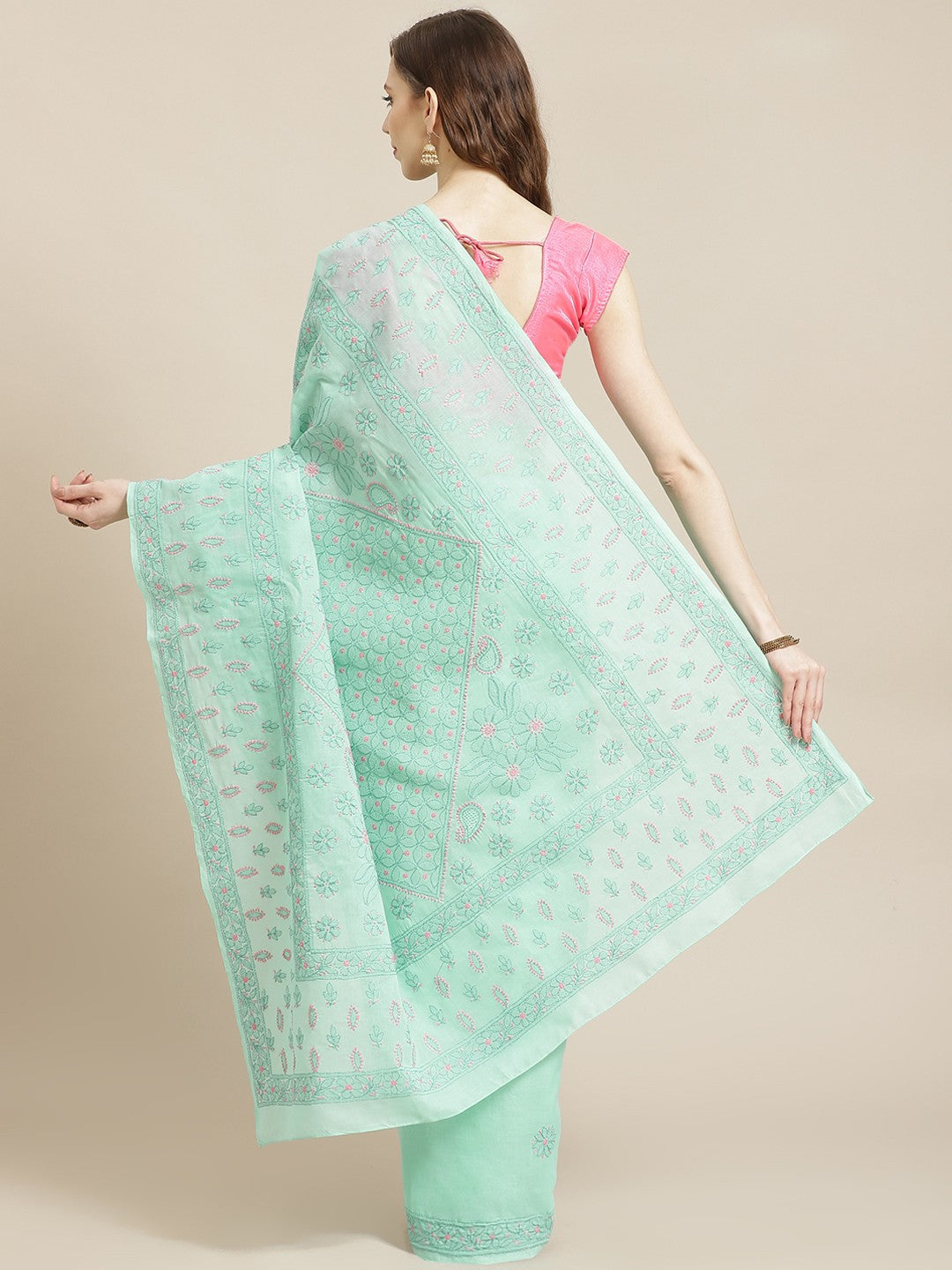 Ada Hand Embroidered Sea Green Cotton Lucknow Chikan Saree With Blouse-A311207