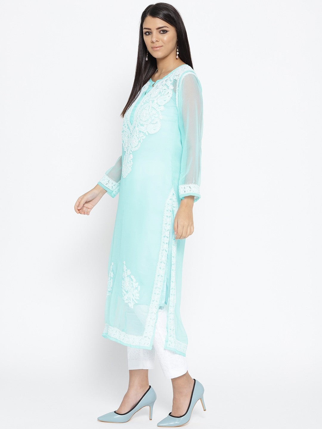 Ada Hand Embroidered Blue Faux Georgette Lucknowi Chikankari Kurta Set With Slip A100045