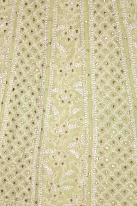 Ada Hand Embroidered Lemon Pure Georgette Lucknowi Chikan Semi-Stitched Anarkali Kurta Dupatta Set With Muqaish Work-A328561