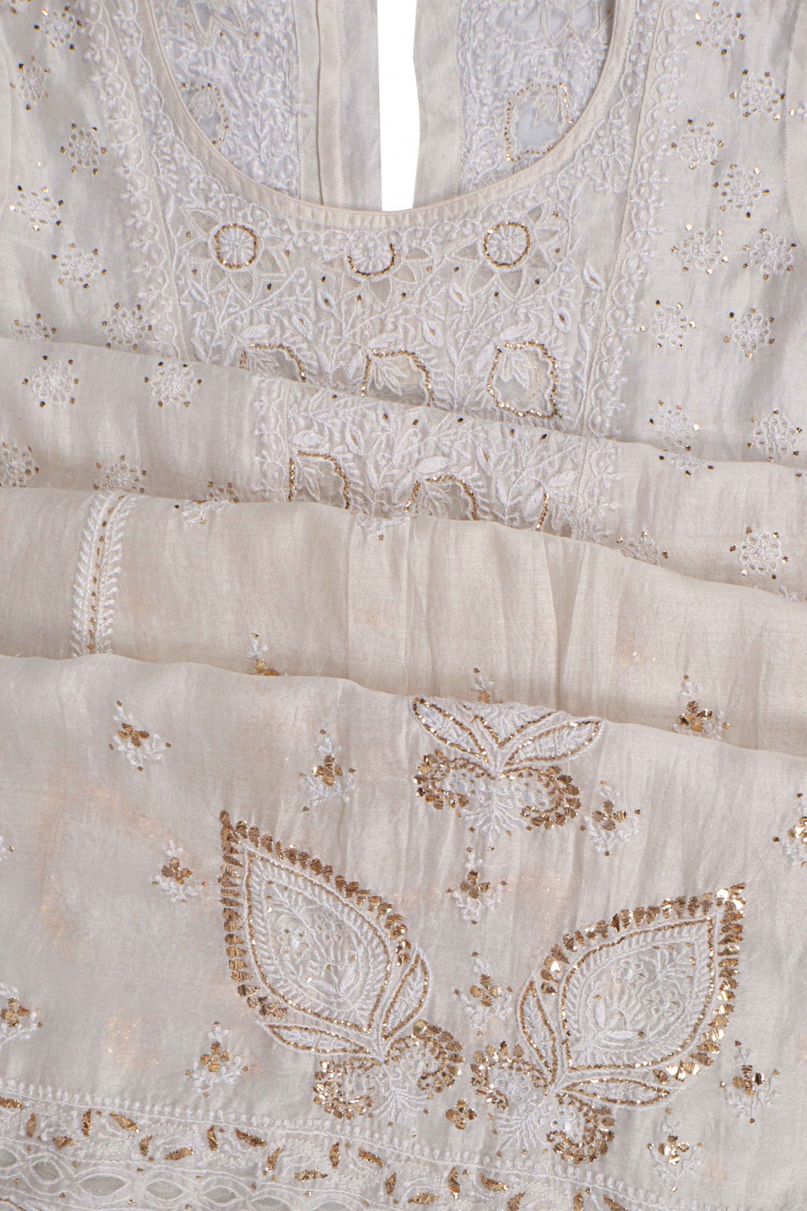 Ada Hand Embroidered Off White Chanderi Lucknowi Chikankari Semi Stitched Anarkali Kurta Dupatta Set With Muqaish Work 01A107812