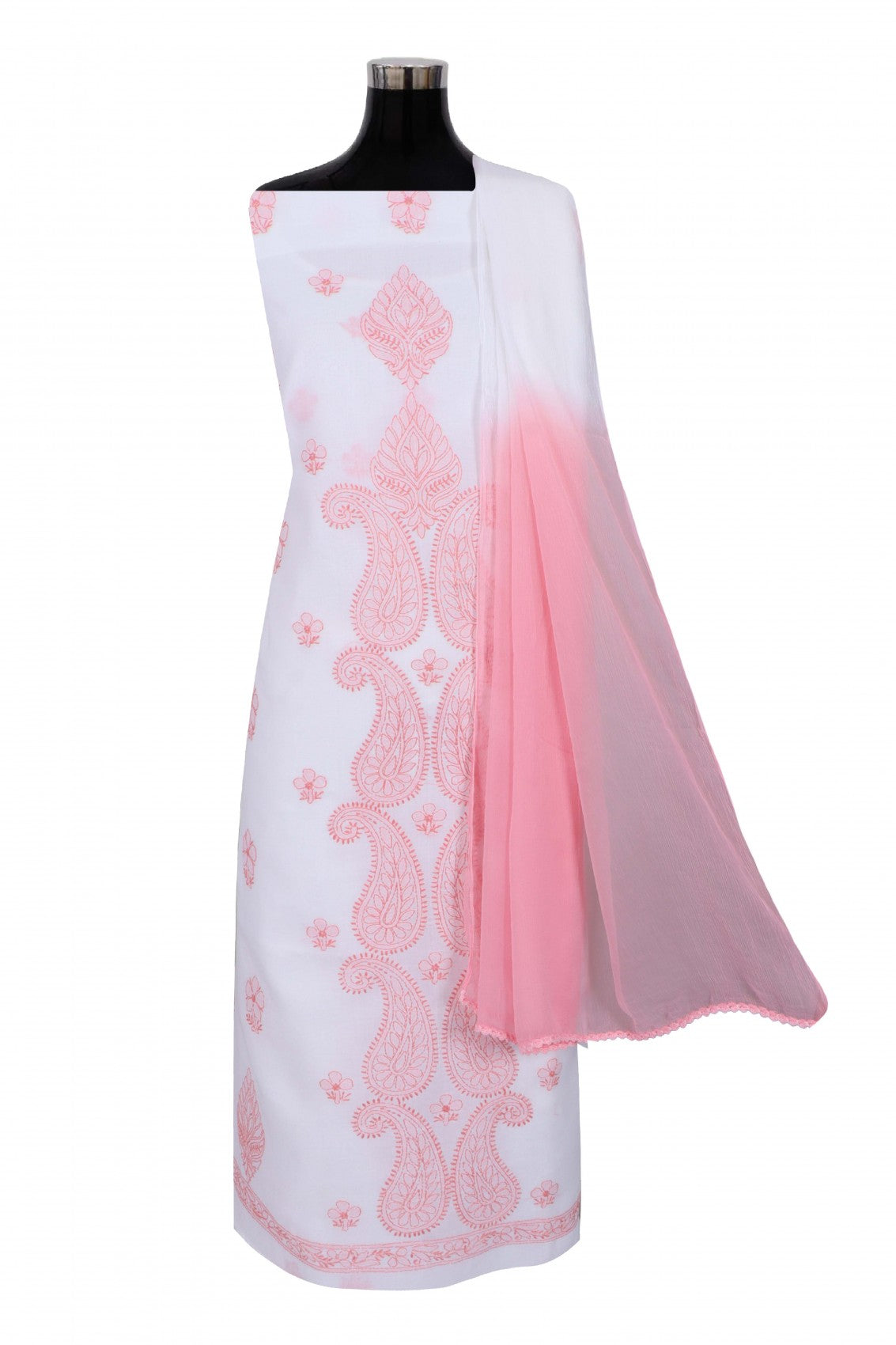 Ada Hand Embroidered White Cotton Lucknowi Chikankari Unstitched Suit Piece 01A215119