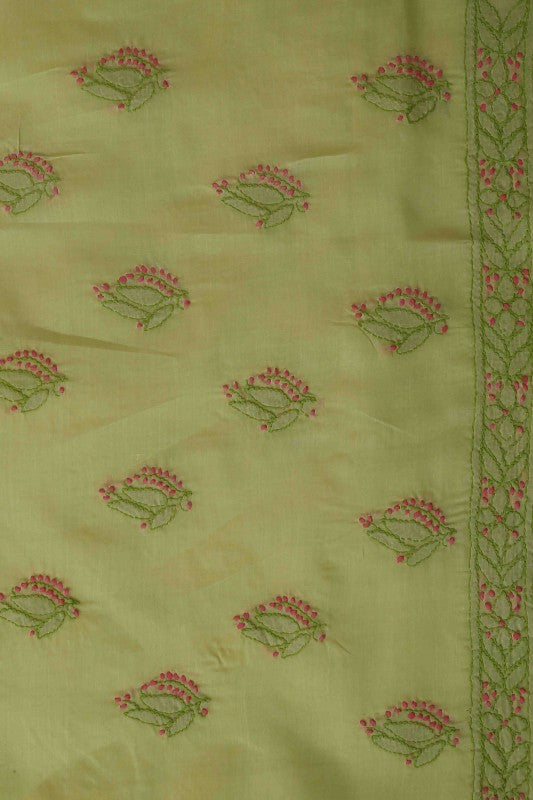 Ada Hand Embroidered Green Cotton Lucknowi Chikan Unstitched Suit Piece–A100158