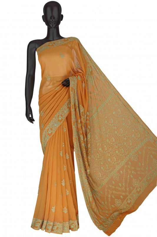 Ada Hand Embroidered Turmeric Yellow Pure Georgette Lucknow Chikan Saree With Blouse-A489063
