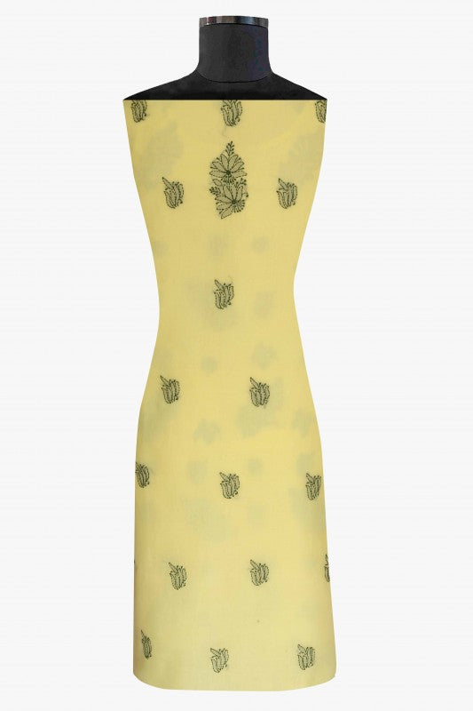 Ada Hand Embroidered Lemon Yellow Cotton Lucknowi Chikan Unstitched Suit Piece-A347815