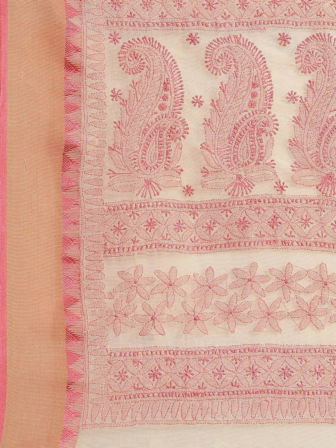 Ada Hand Embroidered Fawn Kota Lucknow Chikan Saree With Blouse A311244