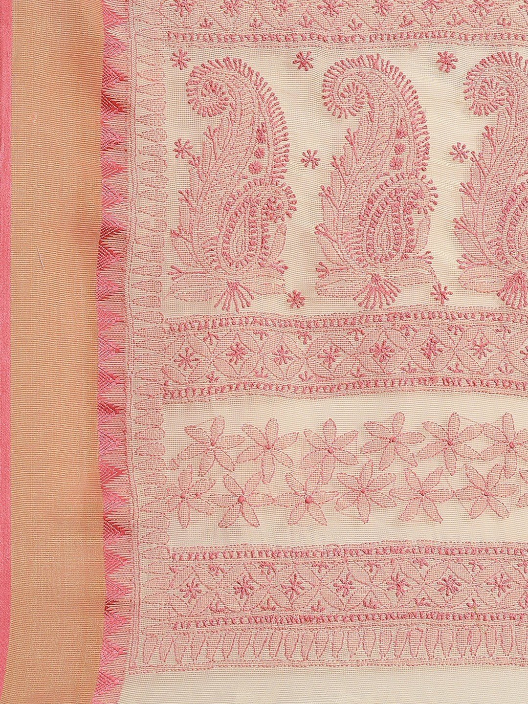 Ada Hand Embroidered Fawn Kota Lucknow Chikan Saree With Blouse A311244