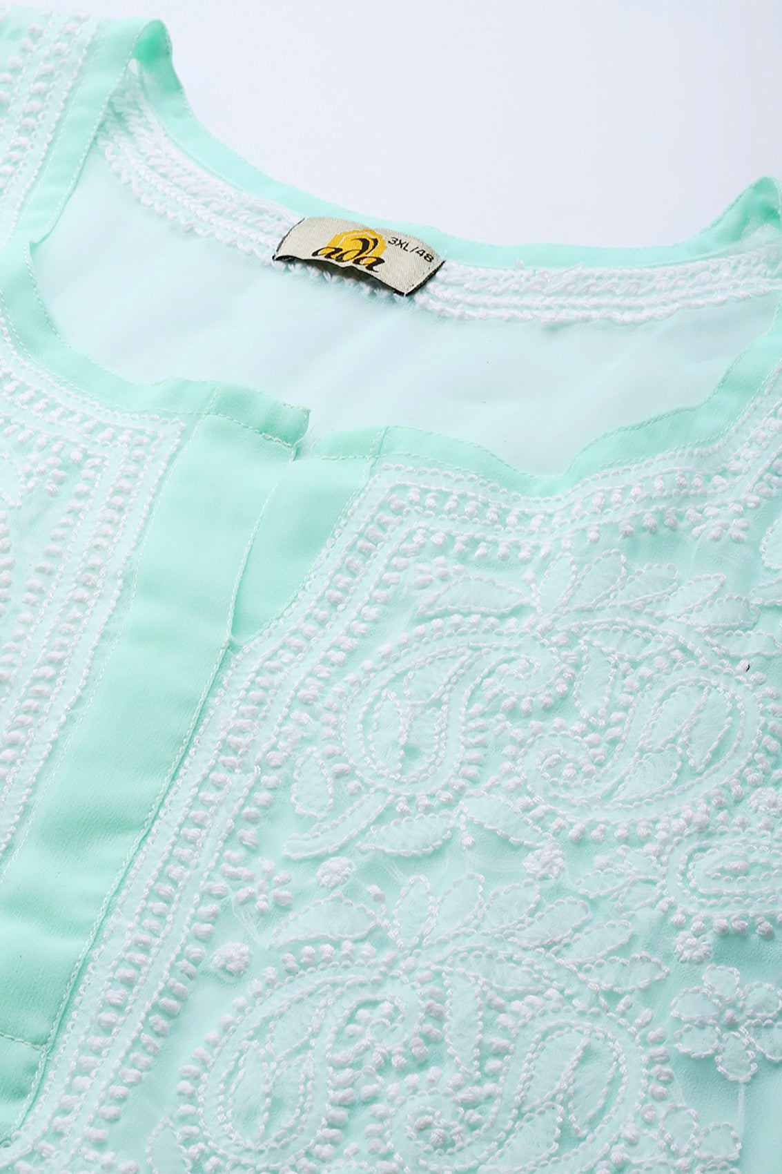 Ada Hand Embroidered Sea Green Georgette Lucknow Chikan Straight Kurta with Slip A411363