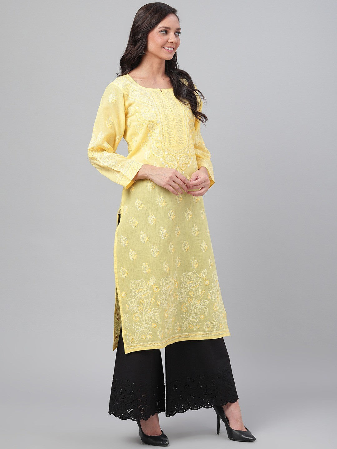 Ada Hand Embroidered Yellow Cotton Lucknowi Chikankari Straight Kurta A229829