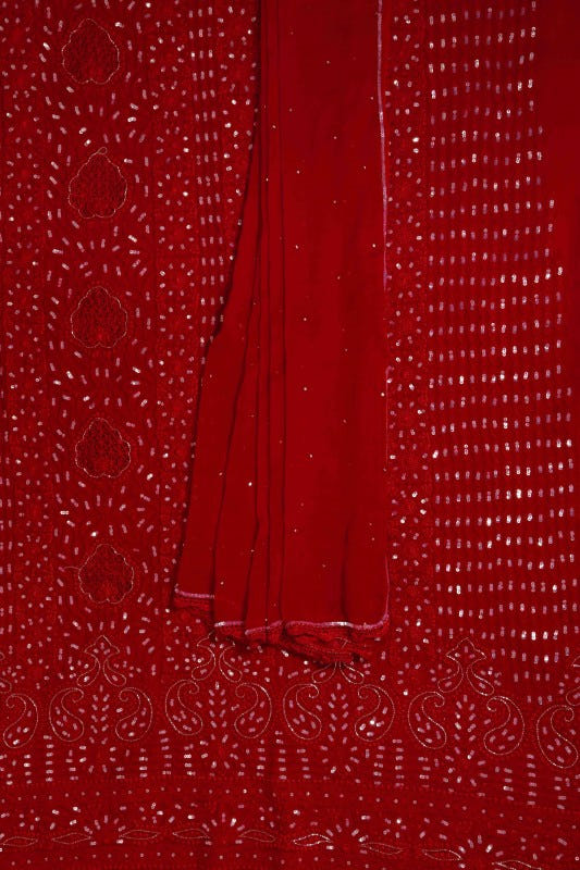 Ada Hand Embroidered Red Georgette Lucknowi Chikankari Unstitched Kurta Dupatta Set With Sequinned Work A508602