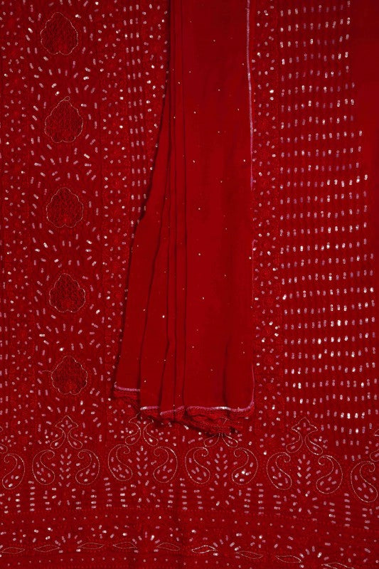 Ada Hand Embroidered Red Georgette Lucknowi Chikankari Unstitched Kurta Dupatta Set With Sequinned Work A508602