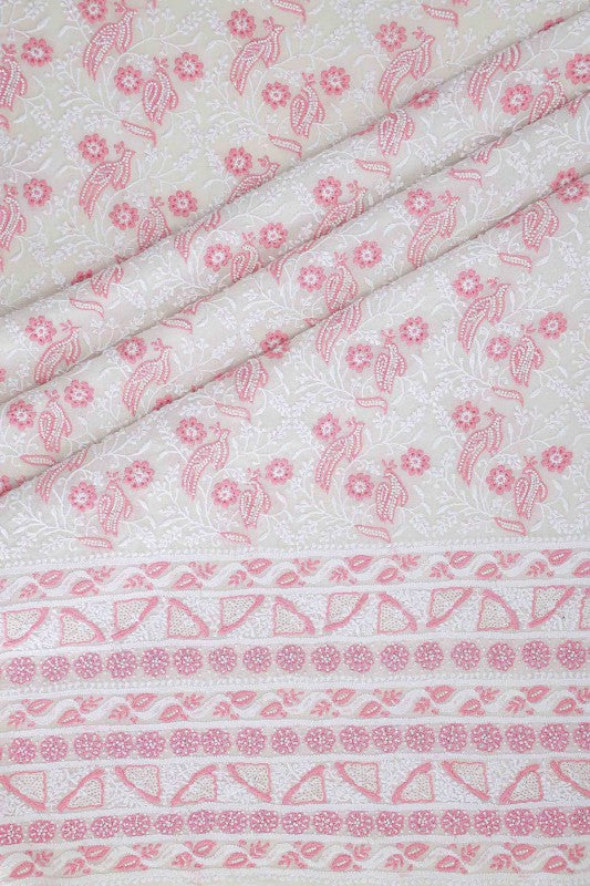 Ada Hand Embroidered White Pure Georgette Lucknowi Chikan Unstitched Kurta Dupatta Set with Pearl Work A615370