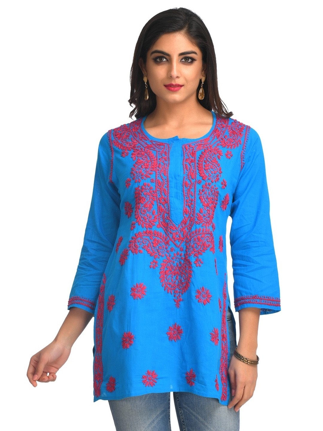 Ada Hand Embroidered Blue Cotton Lucknowi Chikankari Straight Kurti A250610