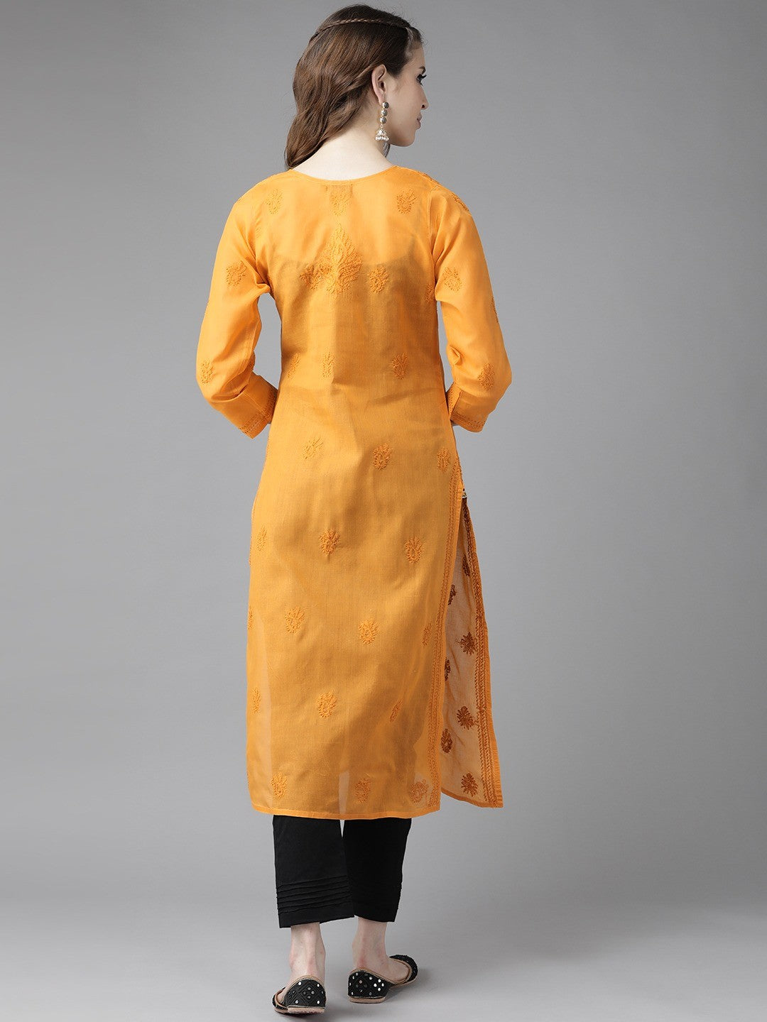 Ada Hand Embroidered Mustard Cotton Lucknowi Straight Chikankari Kurta Set A811174