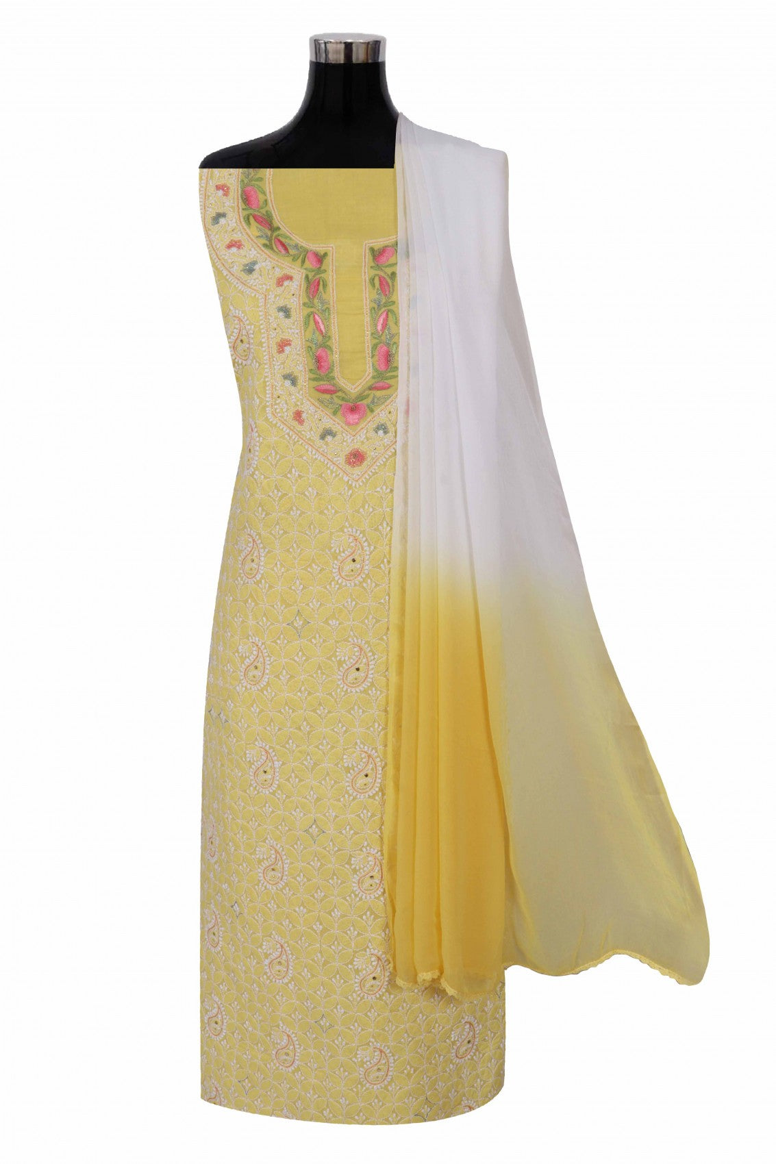 Ada Hand Embroidered Yellow Cotton Lucknowi Chikan Unstitched Suit Piece With Muqaish work 01A204436