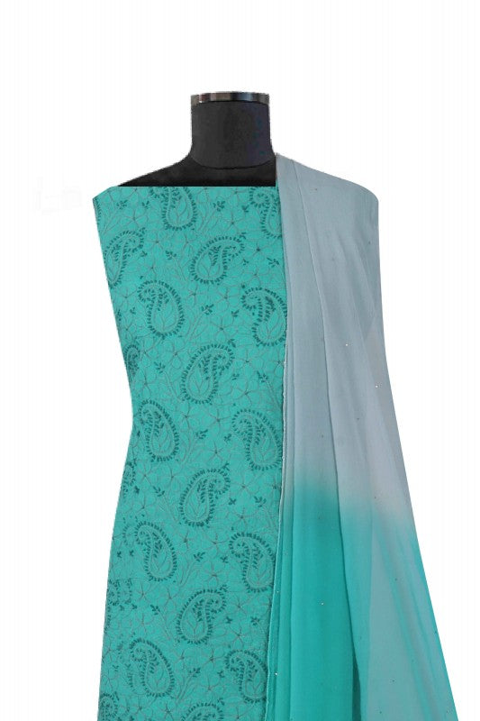 Ada Hand Embroidered Sea Green Cotton Lucknowi Chikankari Unstitched Suit Piece 01A177917