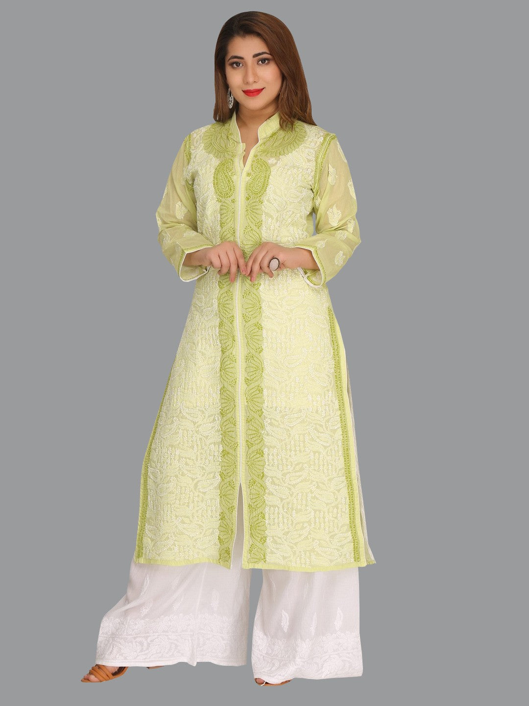 Ada Hand Embroidered Green Cotton Lucknowi Chikankari Straight Kurta A242122