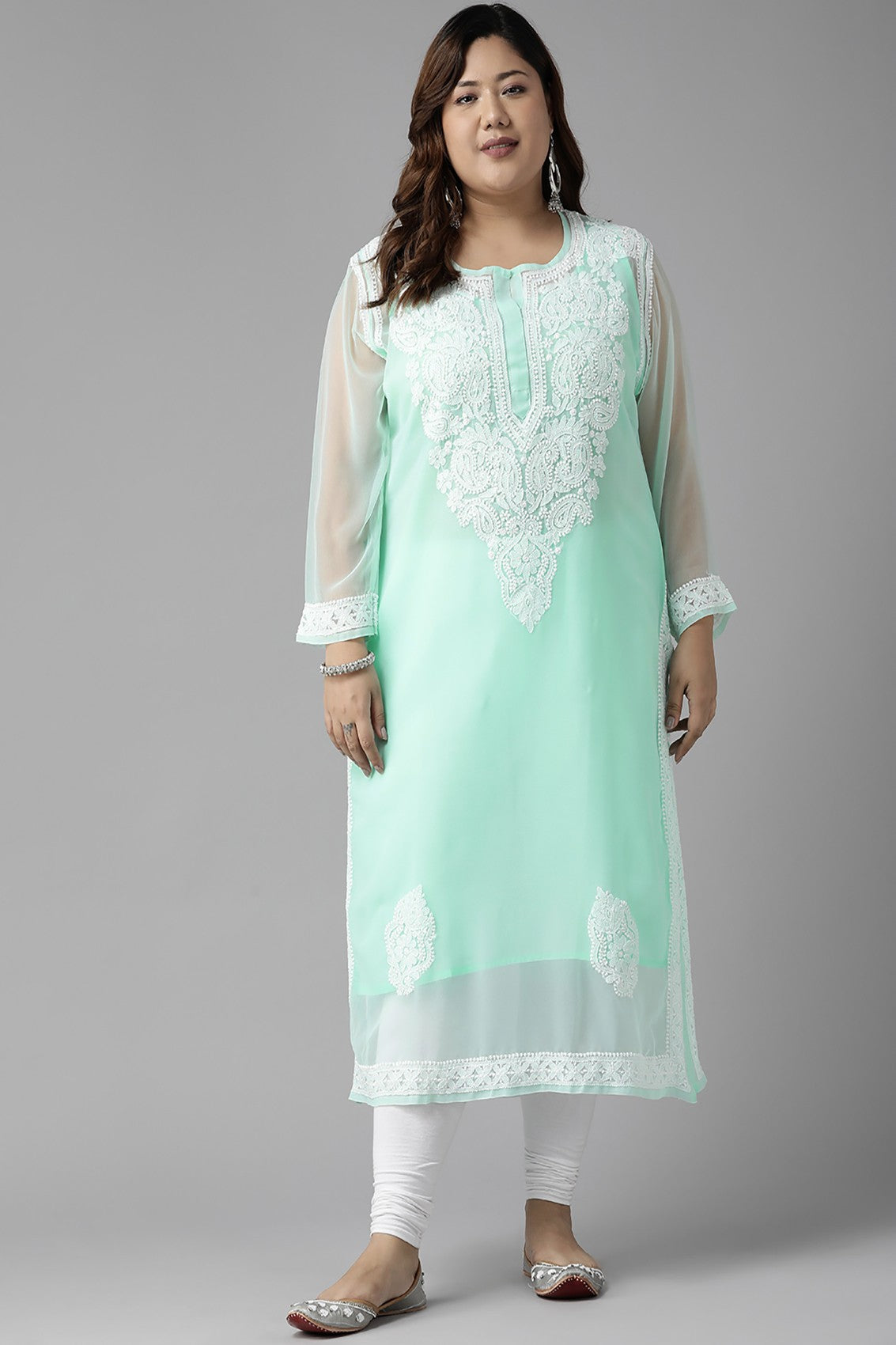 Ada Hand Embroidered Sea Green Georgette Lucknow Chikan Straight Kurta with Slip A411363