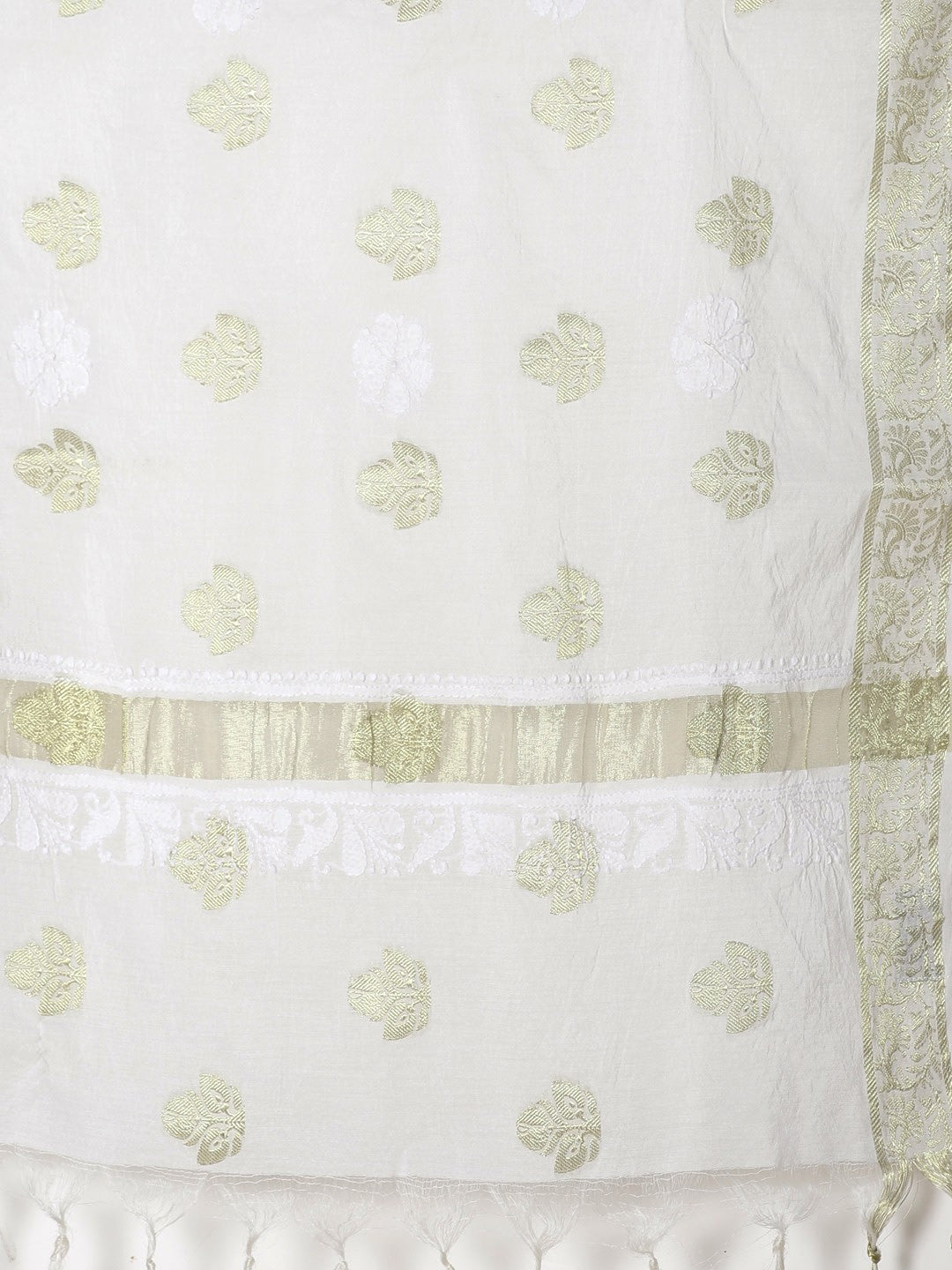 Ada Hand Embroidered White Chanderi Lucknow Chikan Dupatta- A100442