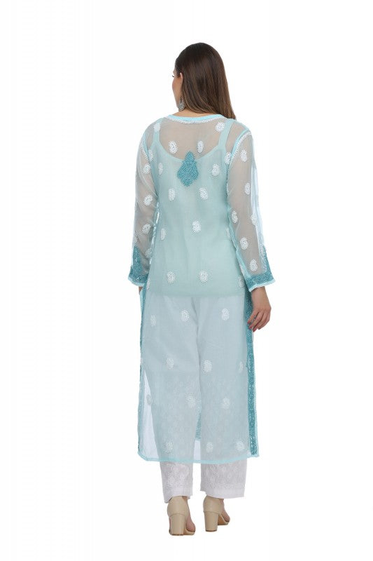 Ada Hand Embroidered Blue Faux Georgette Lucknowi Chikankari Straight Kurta with Slip-A244153
