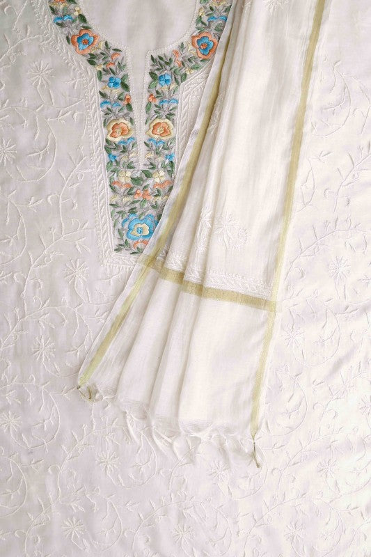 Ada Hand Embroidered Off White Chanderi Lucknowi Chikan Unstitched Kurta Dupatta–A610362