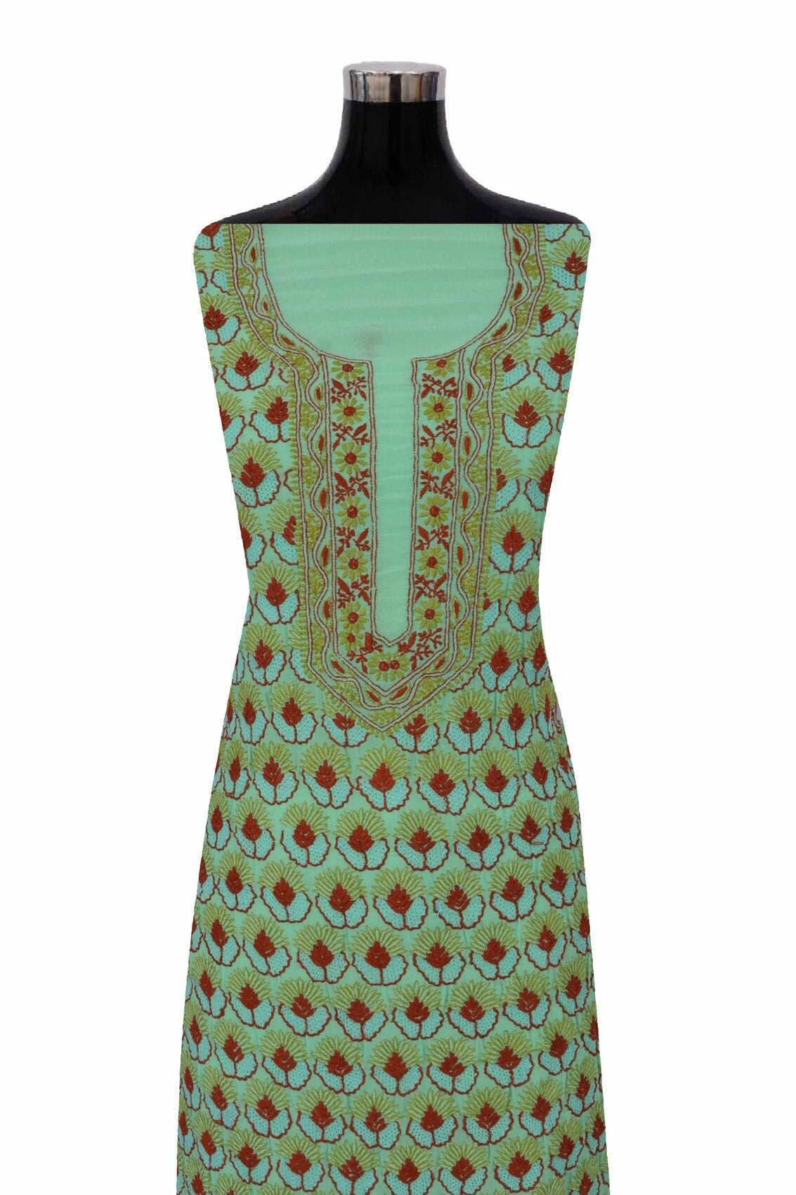Ada Hand Embroidered Green Pure Georgette Lucknowi Chikankari Unstitched Kurta Dupatta Set A163541